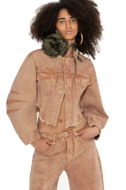 BROWN ROUND SLEEVE CROPPED JACKET