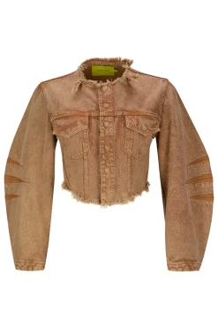 BROWN ROUND SLEEVE CROPPED JACKET