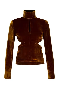 BROWN VELVET OPEN BACK TURTLENECK