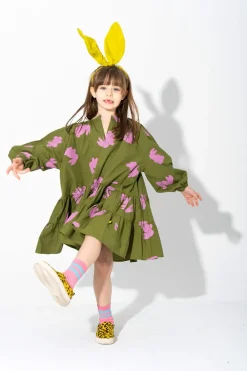 BUNNY PRINT GATHERED DRESS