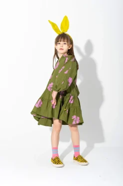 BUNNY PRINT GATHERED DRESS