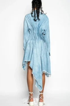 CHAMBRAY PLEATED SHIRT DRESS