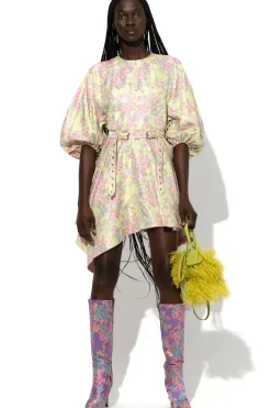 FLOWER BROCADE BALLOON SLEEVE DRESS
