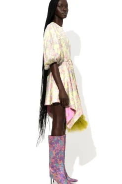 FLOWER BROCADE BALLOON SLEEVE DRESS