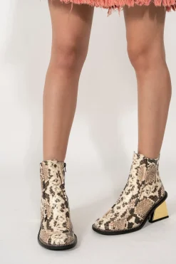 GOLD M'A HEEL SNAKE BOOTS IN BROWN