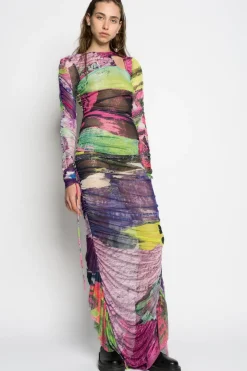 GRAFFITI PRINT LONG GATHERED MESH DRESS