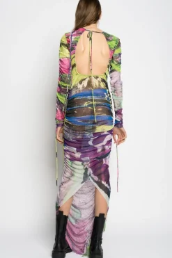 GRAFFITI PRINT LONG GATHERED MESH DRESS