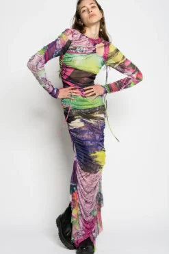 GRAFFITI PRINT LONG GATHERED MESH DRESS