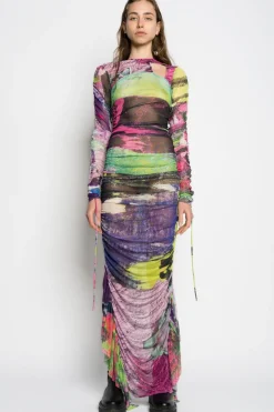 GRAFFITI PRINT LONG GATHERED MESH DRESS