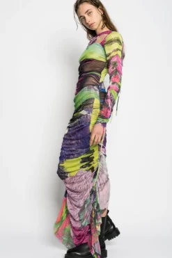 GRAFFITI PRINT LONG GATHERED MESH DRESS