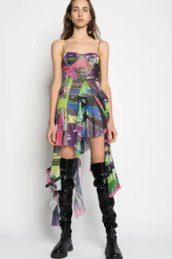 GRAFFITI PRINT MESH CORSET DRESS