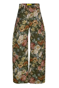 GREEN FLORAL BROCADE BOYFRIEND TROUSERS