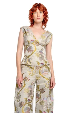 GREY SATIN BROCADE OFF SHOULDER FITTED TOP