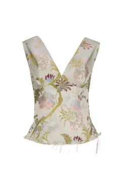 GREY SATIN BROCADE OFF SHOULDER FITTED TOP