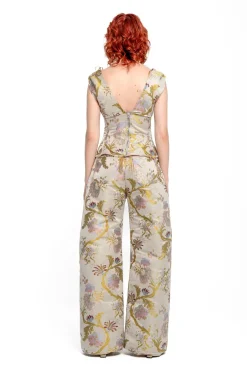 GREY SATIN BROCADE OFF SHOULDER FITTED TOP