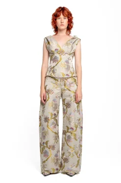 GREY SATIN BROCADE OFF SHOULDER FITTED TOP