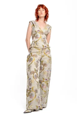 GREY SATIN BROCADE OFF SHOULDER FITTED TOP