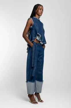 INDIGO ROLL UP TROUSERS WITH BELTS