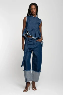 INDIGO ROLL UP TROUSERS WITH BELTS