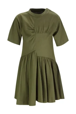 KHAKI GATHERED JERSEY T-SHIRT DRESS