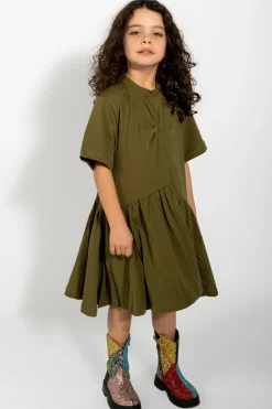 KHAKI GATHERED JERSEY T-SHIRT DRESS