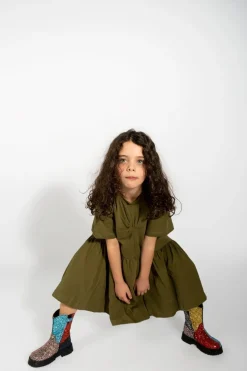 KHAKI GATHERED JERSEY T-SHIRT DRESS
