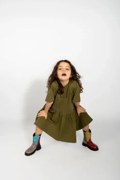 KHAKI GATHERED JERSEY T-SHIRT DRESS