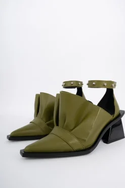 KHAKI POINTY FRILL LACE UP PUMPS