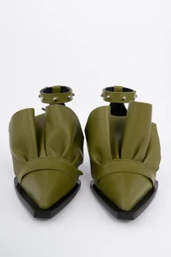 KHAKI POINTY FRILL LACE UP PUMPS