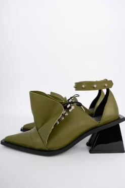KHAKI POINTY FRILL LACE UP PUMPS