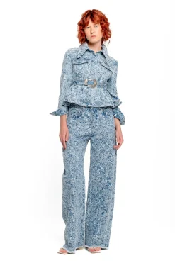 LIGHT BLUE BROCADE DENIM BOYFRIEND TROUSERS