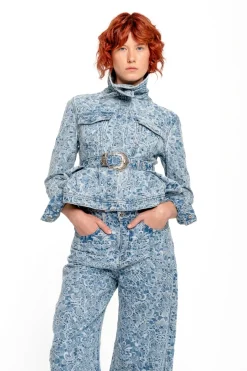 LIGHT BLUE FITTED JACKET WITH EMBELLISHMENT BELT