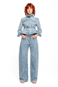 LIGHT BLUE FITTED JACKET WITH EMBELLISHMENT BELT