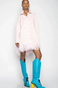 LIGHT PINK FEATHER HEM SHIRT DRESS