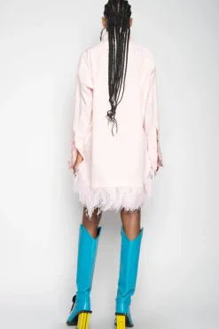 LIGHT PINK FEATHER HEM SHIRT DRESS