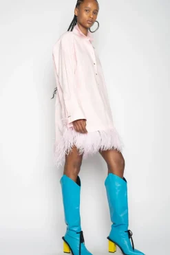 LIGHT PINK FEATHER HEM SHIRT DRESS