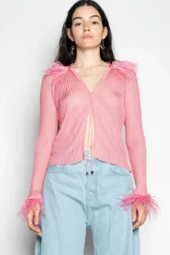 LIGHT PINK VISCOSE KNITTED TOP WITH FEATHERS