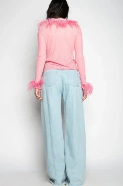 LIGHT PINK VISCOSE KNITTED TOP WITH FEATHERS