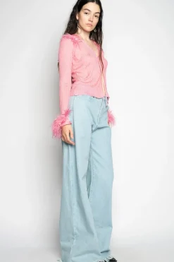 LIGHT PINK VISCOSE KNITTED TOP WITH FEATHERS