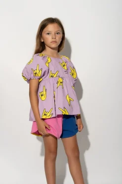 LILAC HANDS PRINT BALLOON SLEEVE TOP