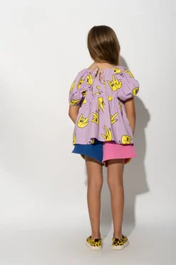 LILAC HANDS PRINT BALLOON SLEEVE TOP