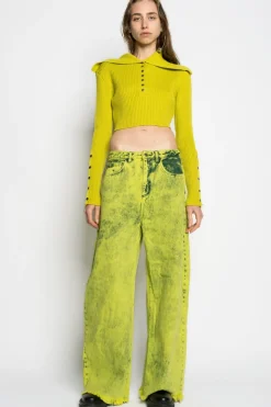 LIME MERINO WOOL KNITTED CROPPED TOP WITH BIG COLLAR