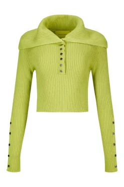 LIME MERINO WOOL KNITTED CROPPED TOP WITH BIG COLLAR