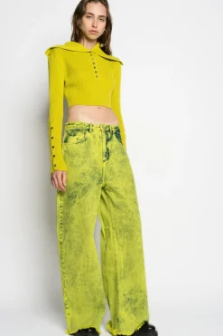 LIME MERINO WOOL KNITTED CROPPED TOP WITH BIG COLLAR