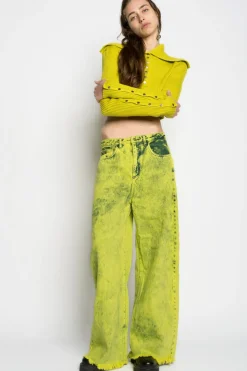 LIME MERINO WOOL KNITTED CROPPED TOP WITH BIG COLLAR