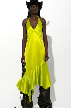 LIME SILK HALTERNECK BACK TIE DRESS