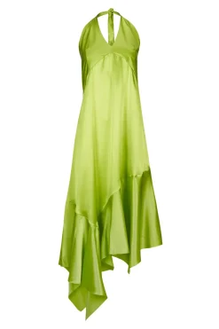 LIME SILK HALTERNECK BACK TIE DRESS