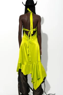 LIME SILK HALTERNECK BACK TIE DRESS