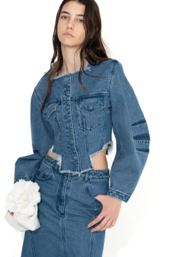 MID BLUE ROUND SLEEVE CROPPED JACKET