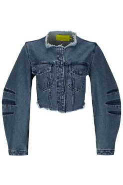 MID BLUE ROUND SLEEVE CROPPED JACKET